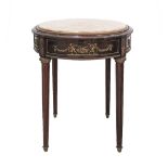 A French style Bouillotte table in the Louis XVI style on four tapering supports rudentes, one