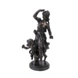 After Hippolyte Moreau, a spelter figure of a woman and cherub, late 19th / early 20th century.