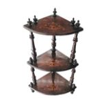 A three tier corner étagère with marquetry shelves and turned columns . W57cm, H101cm.