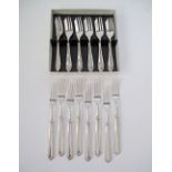 A collection of silver plated dessert forks, comprising 8 Elkington Chippendale pattern, 6 Sheffield