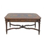 A reproduction Louis XVI style coffee table with penwork marquetry style decoration. Probably