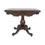 A Victorian carved walnut folding cards table. Folded 90x45cm, open 90x90cm, H77cm.