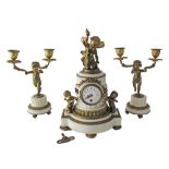 A French white marble mantle clock by Bernoux H33cm with two candelabra garniture with cupids