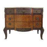 A French Transition style three drawer commode, parquetry veneered and brass mounted, marble top,