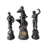 Xavier Raphanel (French 1876-1957) A spelter figural mantle clock garniture, depicting a