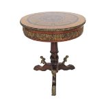 A French Louis XVI style penwork and marquetry brass mounted tripod round pedestal table, the frieze