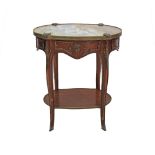 A French Louis XV style oval two tier marble top side table, one drawer, brass mounted, missing