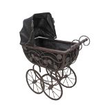 A vintage wooden and canvas dolls pram, with metal undercarriage and wheels, some minor damage and