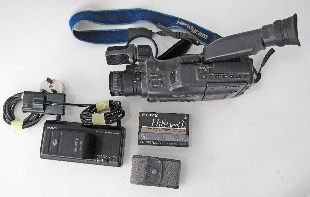 A SONY Hi8 Handycam Video camera recorder, Hifi Stereo, with charger, 2 batteries, cassette and a