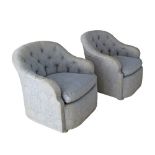 A pair of Greek Saridi sofa armchairs, corbeille shaped, buttoned backs, loose seat cushions, silk