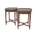 A pair of French Napoleon III style side tables, decorated with penwork, brass mounted and