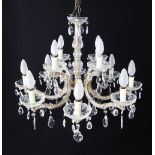 A vintage twelve light crystal chandelier W70cm, the lights in two levels, a level of eight and a