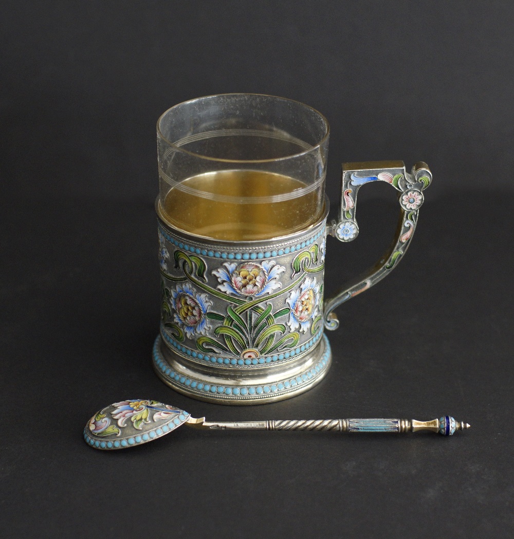 A Russian silver and shaded cloisonné enamelled multi coloured tea holder with clear glass and - Image 5 of 19