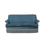 Cypriot, Pambos Savvides two seater sofa, buttoned back, loose seat cushions, blue velvet upholstery