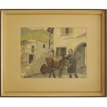 Dickerson (British ) Watercolour of a street in Bellapais Kyrenia with a donkey, titled in ink "