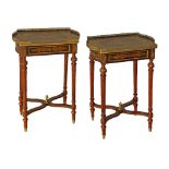 A pair of French Napoleon III style side tables, decorated with penwork, brass mounted and