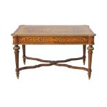 An Egyptian reproduction Louis XVI style coffee table with penwork and marquetry decoration, mounted