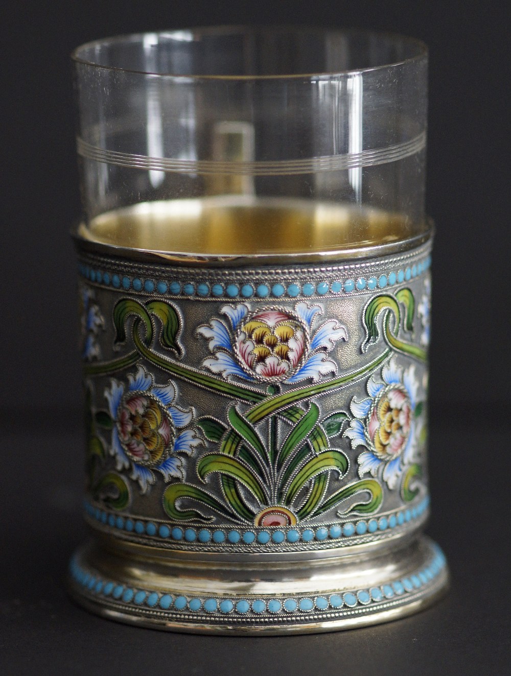 A Russian silver and shaded cloisonné enamelled multi coloured tea holder with clear glass and - Image 9 of 19