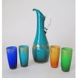 Mid century Murano glass pitcher with 4 glasses, some gilding, the bottle H38cm, the glasses H13.