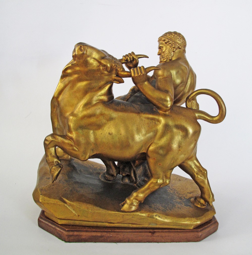 After August Kriesmann gilt spelter sculpture of Hercules wrestling the Cretan bull. H39cm, W40cm. - Image 2 of 5