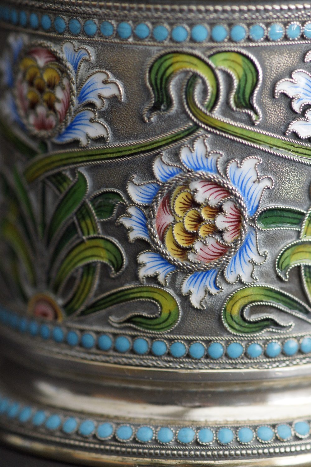 A Russian silver and shaded cloisonné enamelled multi coloured tea holder with clear glass and - Image 11 of 19