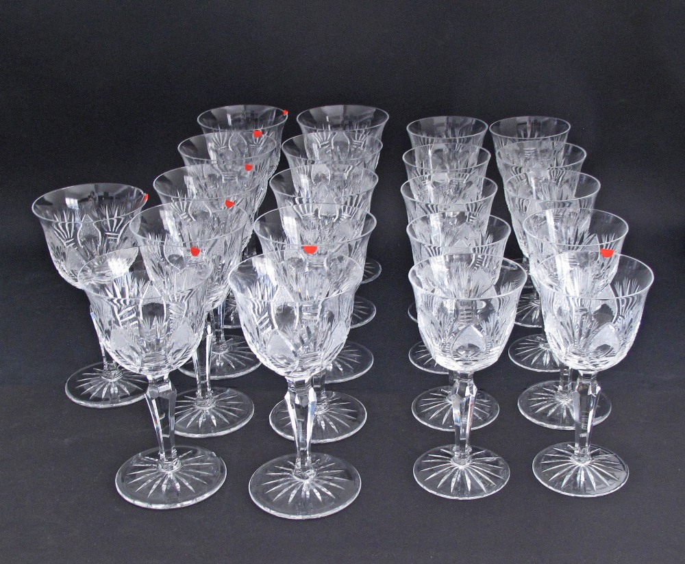 A collection of Bohemian hand cut lead crystal glasses comprising of eleven tall wine glasses H18cm,