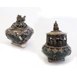 Two Chinese incense burners, green hardstone ovoid body, and white metal mounts, character marks