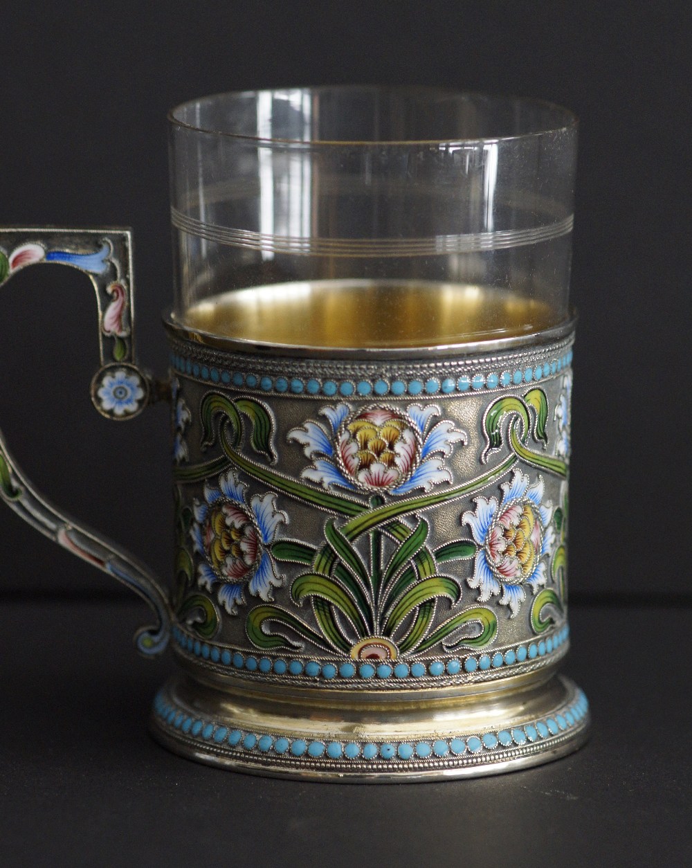 A Russian silver and shaded cloisonné enamelled multi coloured tea holder with clear glass and - Image 8 of 19