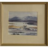 Ray Jenkins (English) Watercolour of a lake with boat, titled in front "Let's get an early start",