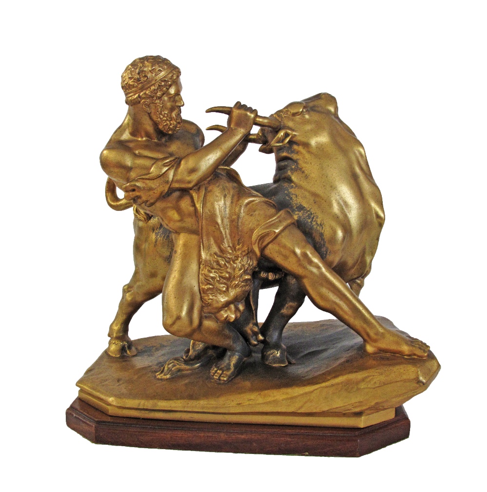 After August Kriesmann gilt spelter sculpture of Hercules wrestling the Cretan bull. H39cm, W40cm.