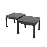 Cypriot, Pambos Savvides pair of Chinese style ebonised mahogany veneered top square side tables