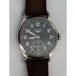 A Longines Heritage Military all stainless steel case, wrist watch. The black dial 47mm with