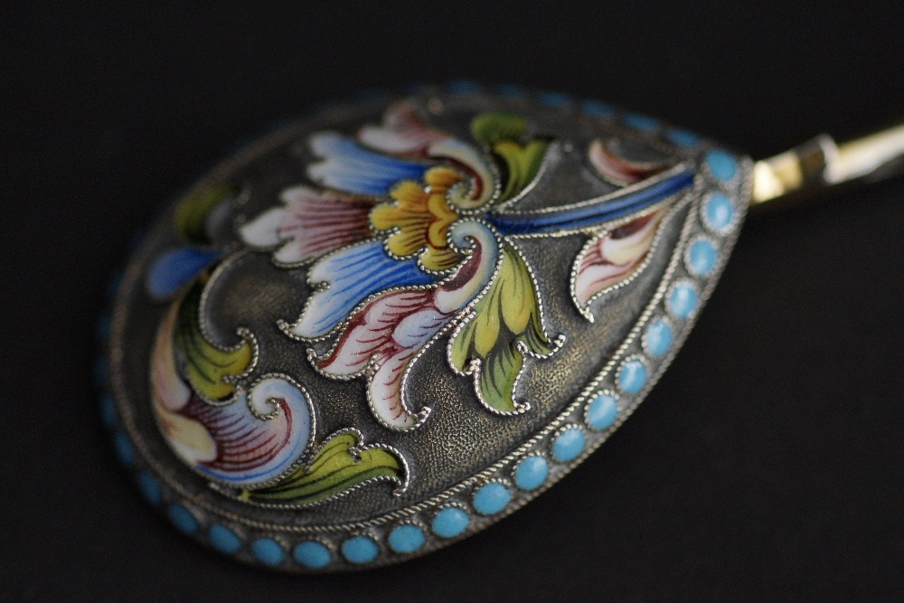 A Russian silver and shaded cloisonné enamelled multi coloured tea holder with clear glass and - Image 13 of 19