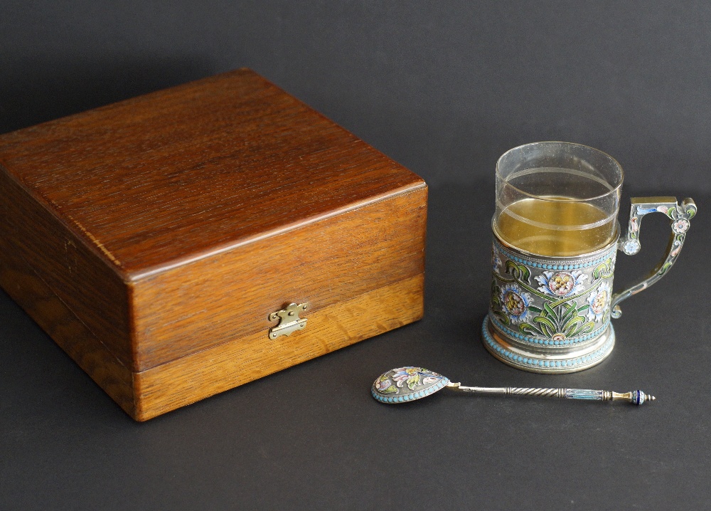 A Russian silver and shaded cloisonné enamelled multi coloured tea holder with clear glass and - Image 4 of 19