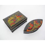 Two Russian handpainted and lacquered boxes with figurative scenes, W18cm and W14cm. (2)