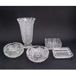 A collection of Bohemian hand cut lead crystal ashtrays and a vase H21cm. (5)