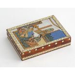 A probably Hindu hand painted jewelry box, wood with brass inlays, lined inside with red baize.