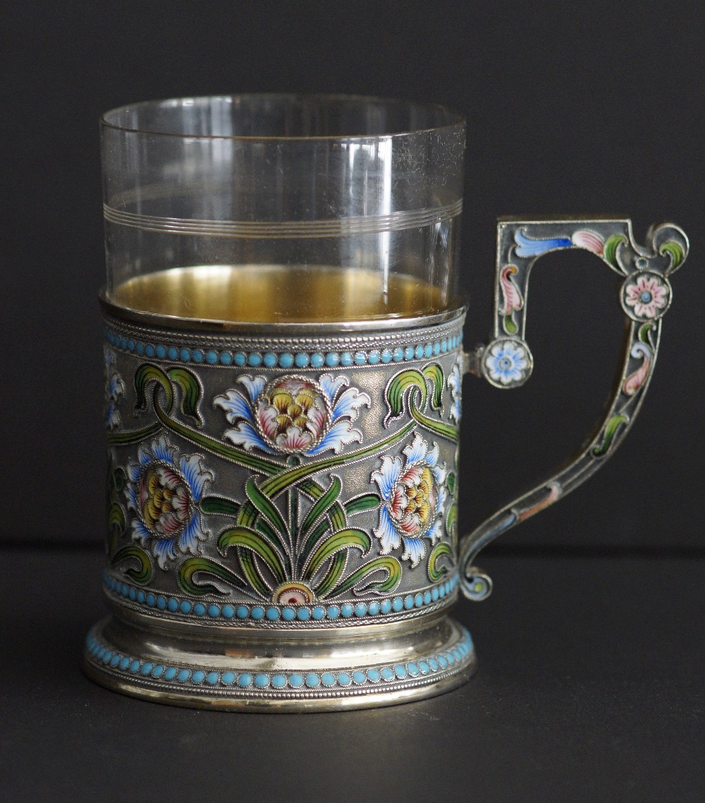 A Russian silver and shaded cloisonné enamelled multi coloured tea holder with clear glass and - Image 7 of 19