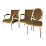 Cypriot, Pambos Savvides set of three Louis XVI beige painted chairs, two armchairs with square