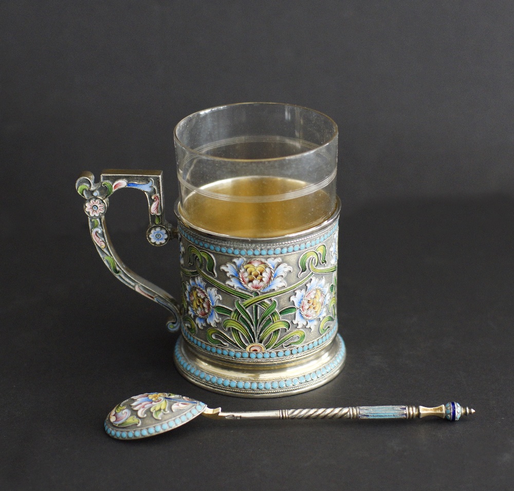 A Russian silver and shaded cloisonné enamelled multi coloured tea holder with clear glass and - Image 6 of 19