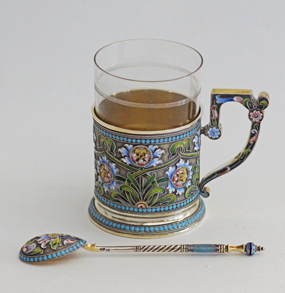 A Russian silver and shaded cloisonné enamelled multi coloured tea holder with clear glass and - Image 2 of 19