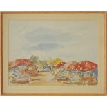 Charilaos Dikaios (Cyprus 1911-2009) Watercolour of a beach with umbrellas, signed and dated 85. The