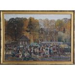 Russian painter, Landscape with people at festival. Oil on canvas, some flaking of the paint, Signed