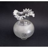 A Victorian glass oil lamp shade, partially frosted with undulated rim and engraved decoration