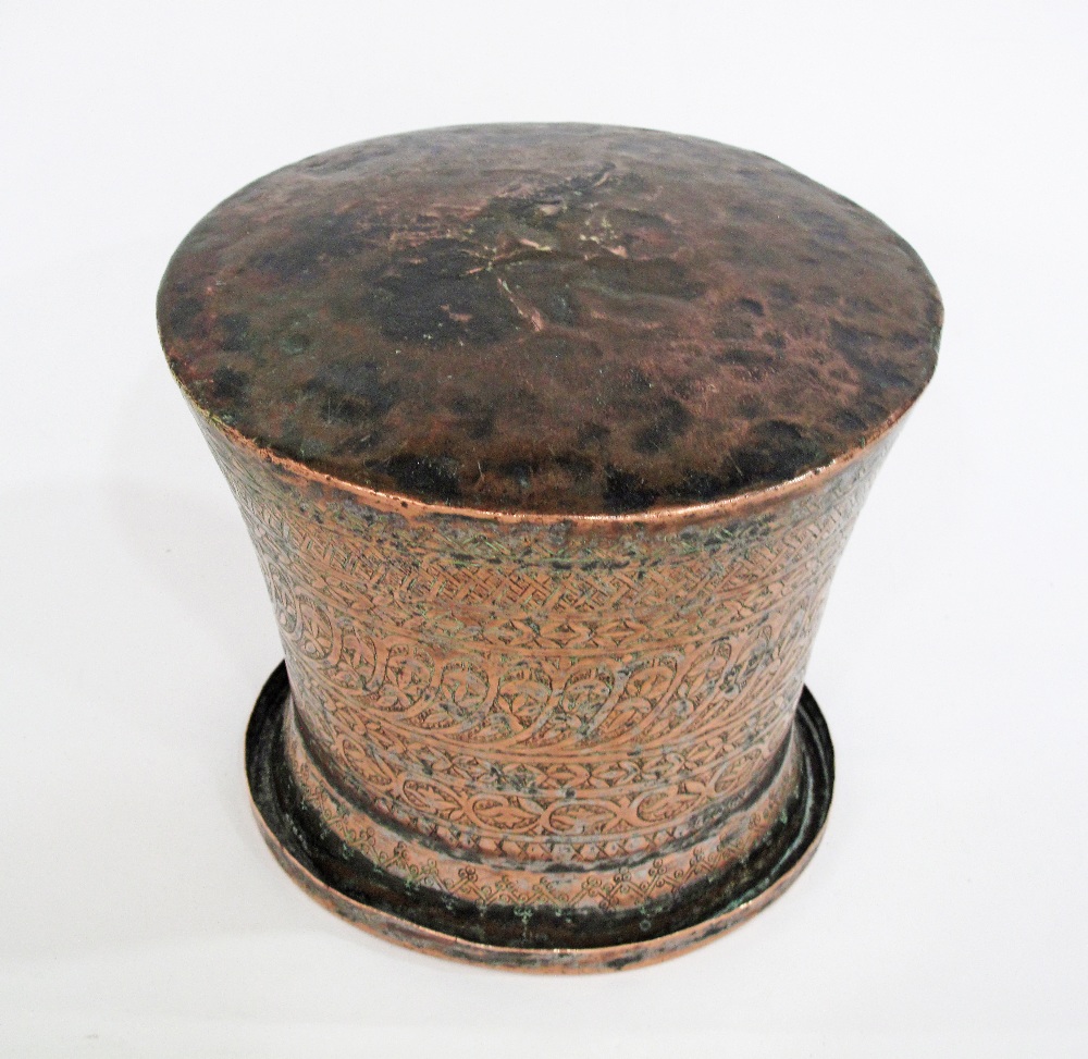 An antique Armenian / Islamic / Ottoman / Turkish copper cauldron engraved allover with geometric - Image 2 of 2