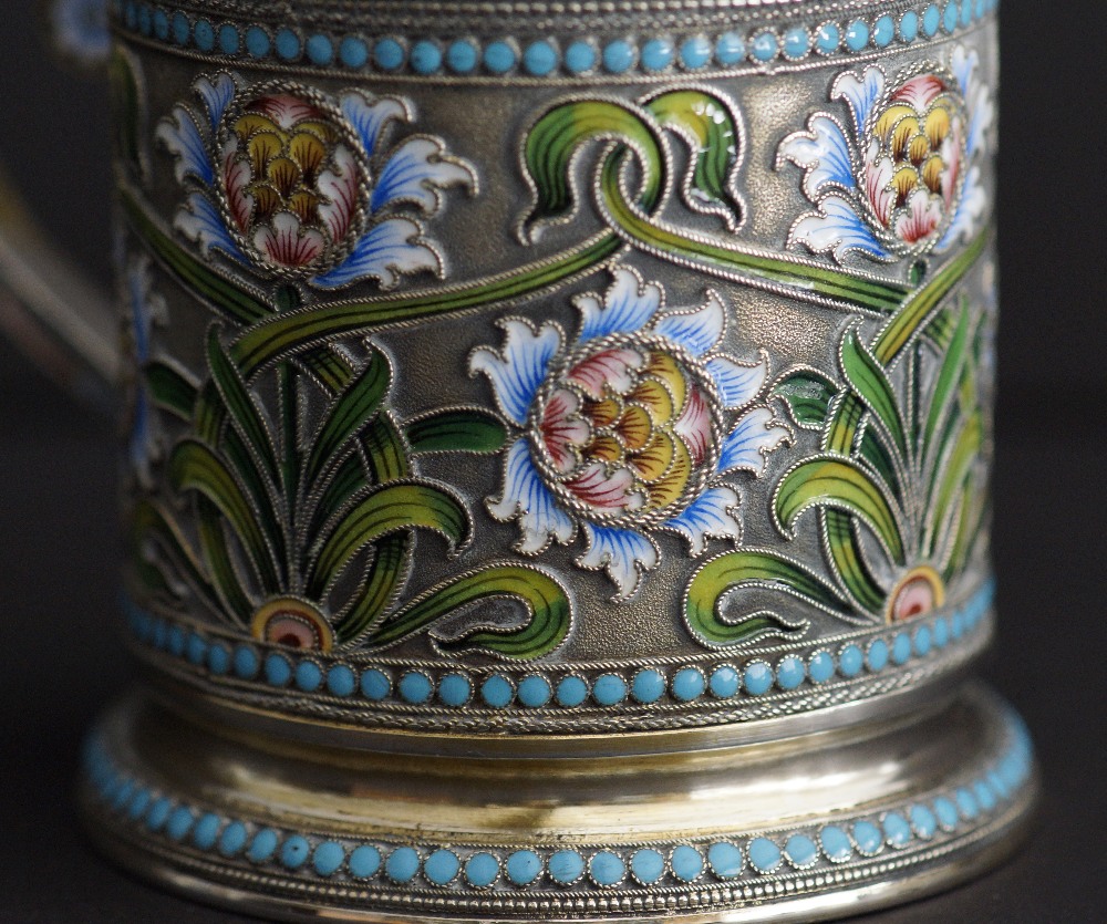 A Russian silver and shaded cloisonné enamelled multi coloured tea holder with clear glass and - Image 10 of 19