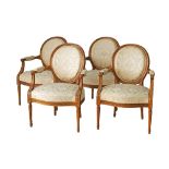 Cypriot, Pambos Savvides pair of carved walnut Louis XVI style salon open armchairs with oval backs,