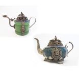 Two Chinese decorative green marble and jade miniature teapots / incense burners, cloisonné