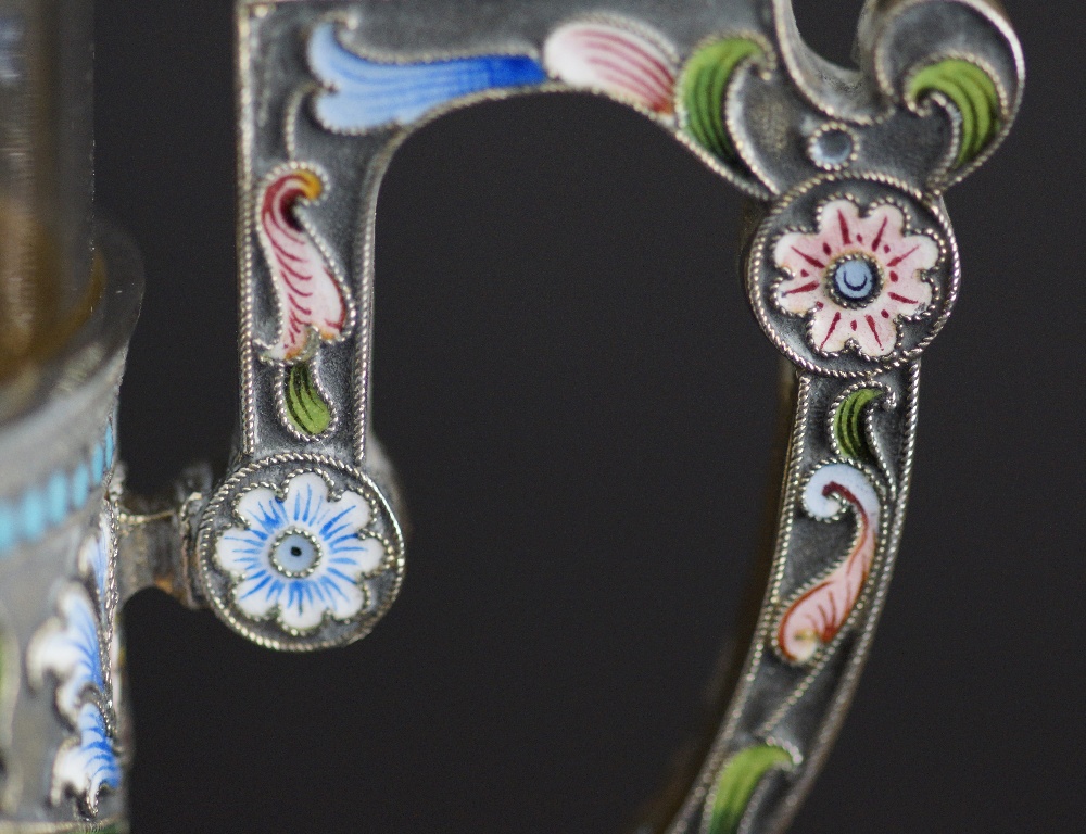 A Russian silver and shaded cloisonné enamelled multi coloured tea holder with clear glass and - Image 12 of 19