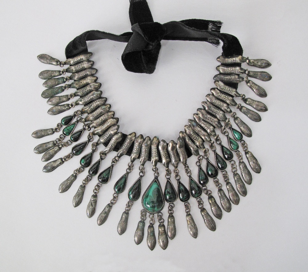 Silver Armenian traditional / ethnic / folk jewelry, one necklace with malachite inset stones hang - Image 2 of 5